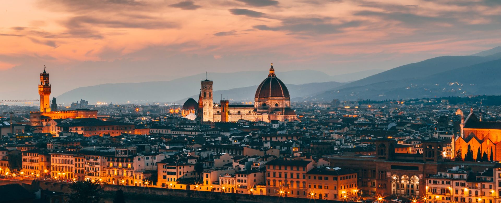 An beautiful aerial shot of Florence, Italy architecture in the evening